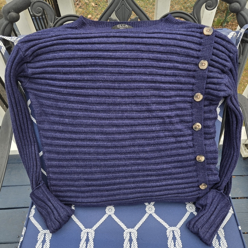 Ella Raffaella Ribbed Sweater w/ Button Detail Navy Blue Cuffed Sleeves Small